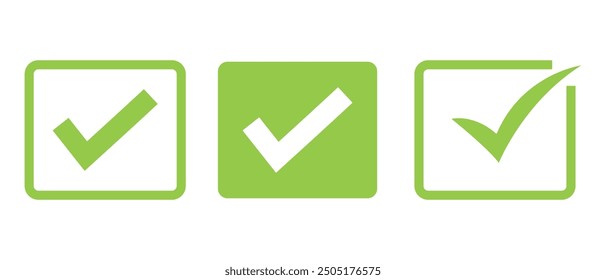 Vector check mark icons. A check mark icon indicates that the task has been completed or that the task has been approved for completion. Green checkbox "Yes".