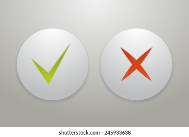 vector check mark icons, tick and cross on buttons