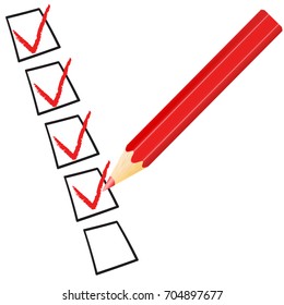 Vector check mark symbol and icon on red checklist with pen for business design concept and web graphic, EPS 10 illustration on white background