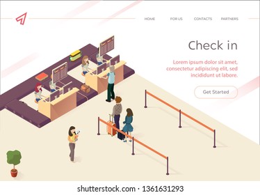 Vector Check in Verification Passanger Documents. Customs Clearance Zone Airport. Passengers are Awaiting Registration Documents Upon Arrival their Destination. Isometric Illustration.