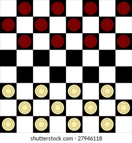 Vector checker or draughts board game with symbolic pieces in red and cream showing opening layout