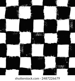 Patrón de tablero de ajedrez de Vector. Fondo de trazo de pincel blanco y negro sin costuras. Estampado a cuadros con textura angustiosa. Adorno a cuadros pintado para niños. Diseño infantil