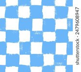 Vector checkerboard pattern. Seamless blue and white brush stroke background. Checkered print with distress texture. Painted ornament for kids. Childish design