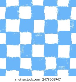 Vector checkerboard pattern. Seamless blue and white brush stroke background. Checkered print with distress texture. Painted ornament for kids. Childish design