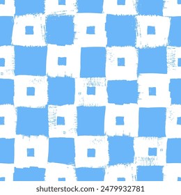 Patrón de tablero de ajedrez de Vector. Fondo de trazo de pincel azul y blanco sin costuras. Estampado a cuadros con textura angustiosa. Adorno pintado para niños. Diseño infantil