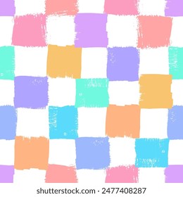 Vector checkerboard pattern. Seamless colorful brush stroke background. Checkered print, pink, purple, blue, orange, yellow and white colors. Painted ornament for kids. Rainbow motif. Childish design