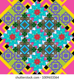 Vector checkered fabric texture print in shades of pink, blue and green. Seamless tartan plaid pattern.