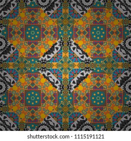 Vector checkered fabric texture print in shades of blue, gray and orange. Seamless tartan plaid pattern.