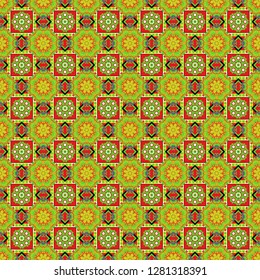 Vector checkered fabric texture print in shades of yellow, green and neutral. Seamless tartan plaid pattern.