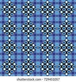 Vector checkered fabric texture print in shades of gray, black and blue. Seamless tartan plaid pattern.