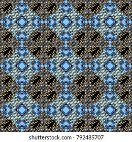 Vector checkered fabric texture print in shades of gray, blue and black. Seamless tartan plaid pattern.