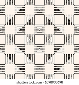 Vector checkered geometric seamless pattern. Abstract black and white linear texture with small squares, lines, grid. Minimal monochrome background. Digital schematic computer microchip illustration