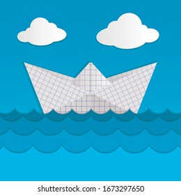 Vector checkered paper boat on blue waves and with a blue sky with white clouds