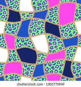 Vector checkered pattern with golden chains and leopard print. Ugly texture.