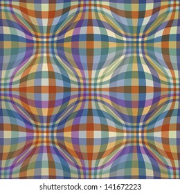 Vector checkered pattern. Ornamental geometric illustration with spherical shapes. Mesh of color transparent wavy stripes. Simple abstract background with optical volume effect for print, web