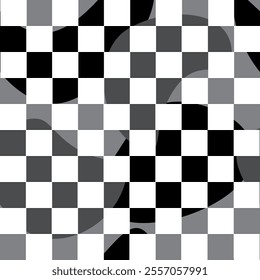 Vector checkered seamless pattern with background of black and grey free form shape. Black, grey and white modern checkered pattern.