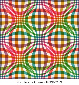 Vector checkered seamless pattern of color wavy stripes. Ornamental illustration with spherical shapes. Background with optical volume effect for print, web