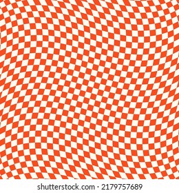 Vector checkered seamless pattern with optical illusion effect. Simple abstract vector background. Modern orange and white distorted texture. Op art style. Repeat retro geometric decorative design