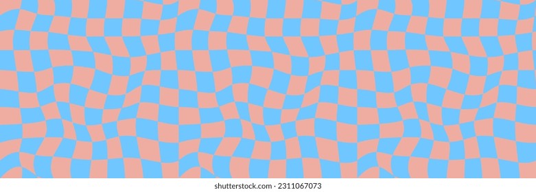 Vector checkered seamless pattern. Retro style  digital paper. Distorted grid surface design illustration. Magic optical illusion repeat backdrop. Simple colorful flat design fabric textile background