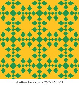 Vector checkered seamless pattern. Stylish abstract ornament texture with grid, lattice, diamond shapes, floral silhouettes. Simple funky summer background. Green and yellow color. Repeated geo design