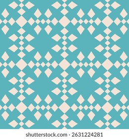 Vector checkered seamless pattern. Stylish abstract ornament texture with grid, lattice, diamond shapes, floral silhouettes. Simple vintage background. Turquoise and beige color. Repeated geo design