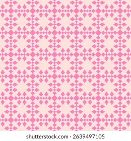 Vector checkered seamless pattern. Stylish abstract ornament texture with grid, lattice, diamond shapes, floral silhouettes. Simple funky summer background. Pink and beige color. Cute repeating design