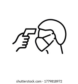 Vector checking body temperature line icon for coronavirus symbol, covid 19. Temperature measure icon, thermometer scaning sign. EPS 10