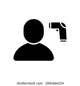 Vector checking temperature of man with infrared thermometer icon on isolated white background for UI/UX and website.