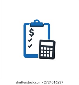 Vector de la lista de verificación con la moneda y la calculadora. Símbolo de la estimación de costos. Icono de contabilidad