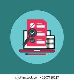 Vector checklist icon with laptop and magnifying glass