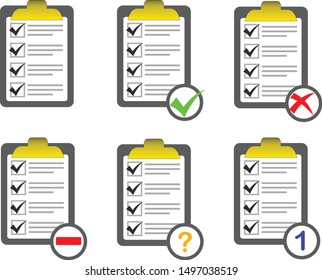 Vector of checklist icon sets, have status such as complete, incomplete, none, question and number of pending work