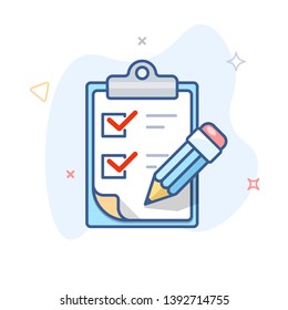 Vector checklist line icon. Clipboard with survey and pen outline illustration.