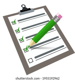 Vector checklist with pen writing on a clipboard. Signs contract document. Green pen and green tick on clipboard in a 3d style. To do list concept. Business financial or contract agreement.