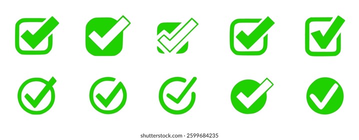 vector checkmark and cross icon set featuring green and red buttons, flat design symbols, and voting elements. Perfect for agreements, permissions, contracts, and UI design elements. Isolated illustra