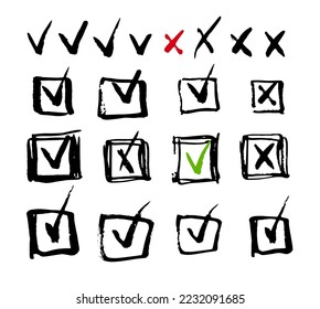 Vector checkmark and crossmark in square hand drawn sketchy icons isolated illustration. Green, red, black do and don't symbols
