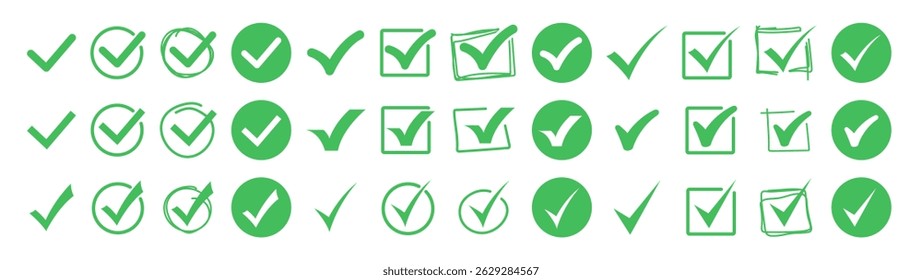 Coleção de Ícones de Marca de Seleção de Vetor. Carrapatos verdes e pretos desenhados à mão em caixas e círculos, símbolos de aprovação estilo Doodle