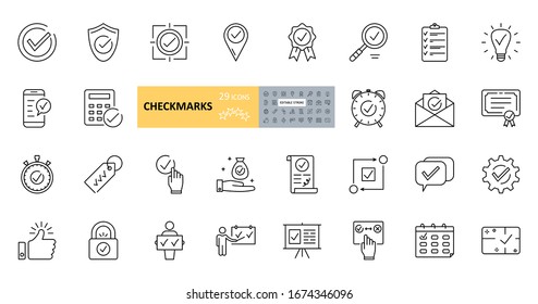 Vector checkmark icons. Set of 29 images with editable stroke. Collection with purpose, protection, agreement, telephone, calculator, mail, magnifying glass, dialogue, clock, guarantee, geolocation.