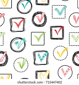 Vector Checkmarks and Checkboxes Seamless pattern. Hand Drawn Doodle Tick Symbol  Background  