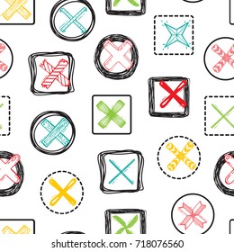 Vector Checkmarks and Checkboxes Seamless pattern. Hand Drawn Doodle X Mark Icons. Rejection symbol. Background with Cross Button Signs for vote