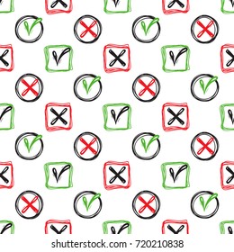 Vector Checkmarks and Checkboxes Vector Seamless pattern. Green Acceptance and Red Rejection Symbol Buttons for Vote. Symbolic OK and X Icon. Check List Tick and Cross Signs Buttons Background