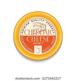 Vector Cheddar Cheese Vintage round label and packaging design template. Cheese detailed icon. Dairy product illustration for dairies, package and groceries branding.