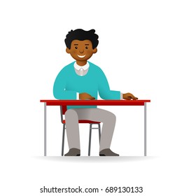 Vector cheeky african man in sweater and pants posing. Sitting at table.