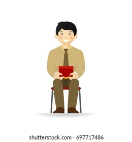 Vector cheeky asian man in business suit posing. Sitting and holding box.