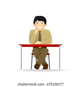 Vector cheeky asian man in sweater and shirt posing. Sitting at table.