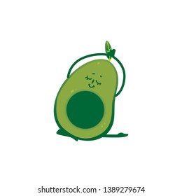Vector cheerful avocado character doing yoga exercise. Green fruit full of energy and vitamins practicing meditation or stretching. Healthy lifestyle, fitness and sport concept.