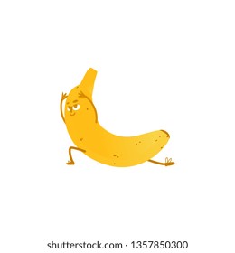 Vector cheerful banana character doing stretching exercise. Yellow fruit full of energy and vitamins practicing yoga. Healthy lifestyle, fitness and sport concept.