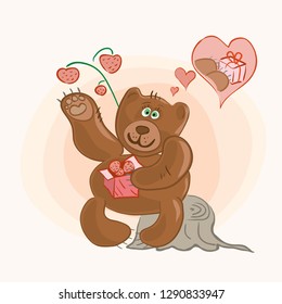 Vector cheerful bear puts wild berries in a box and dreams to give her / sweet gift Valentine