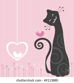 Vector Cheerful Black Cat with Bird