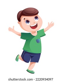 Chico vectorial alegre con una camiseta verde y pantalones cortos azules. Niño saltando sobre una pierna