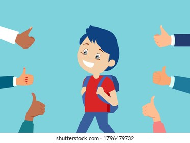 Vector of a cheerful boy student surrounded by hands giving thumbs up on blue background 